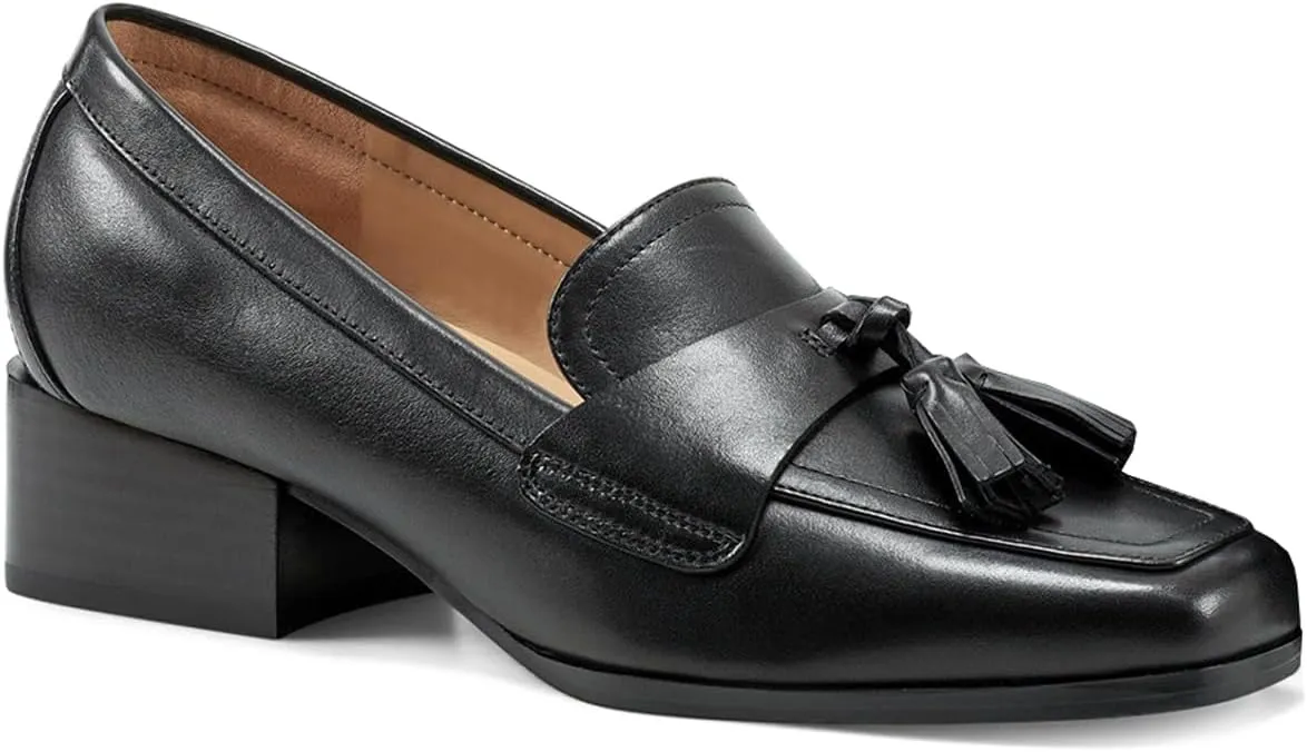 Women Vintage Low Chunky Heel Loafers Shoes with Tassel Square Closed Toe Slip On Fringed Loafer Pumps 1.5" Block Heels Office Work Pumps Ladies Formal Business Casual Club Party 4-11 M US