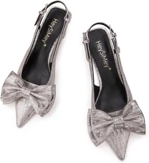 Women's Bow Slingback Pumps Women Dressy Comfortable Kitten Heels with Genuine Leather Insole Womens Closed Heeled Sandal for Dress Party Comfortable Footwear