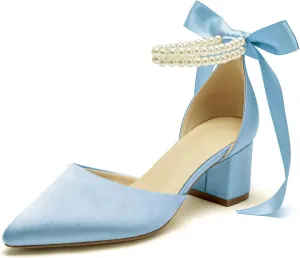 Women's Closed Toe Wedding Shoes Chunky Block Heels with Pearls Satin Pumps Ankle Strap Prom Evening Party Shoes