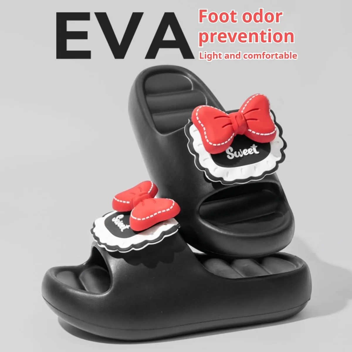 Women's Cute Sandals with Bow Korean Sweet Chunky Sole Non-Slip Soft Slides for Indoor Bathroom House Slippers Summer