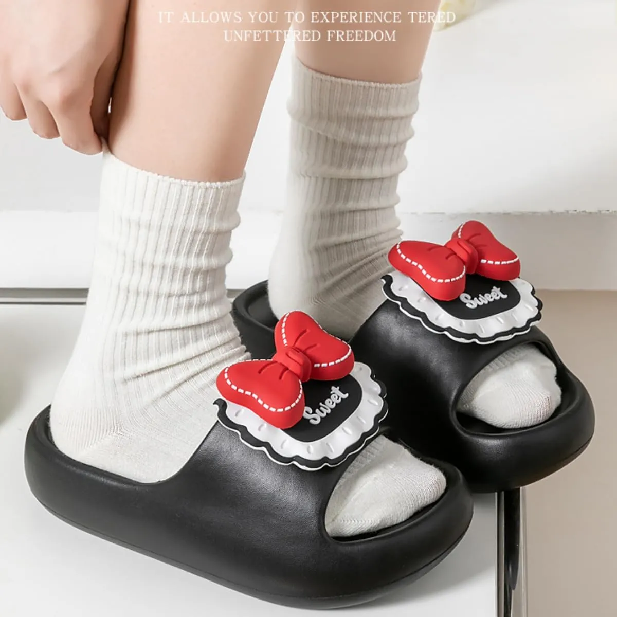 Women's Cute Sandals with Bow Korean Sweet Chunky Sole Non-Slip Soft Slides for Indoor Bathroom House Slippers Summer
