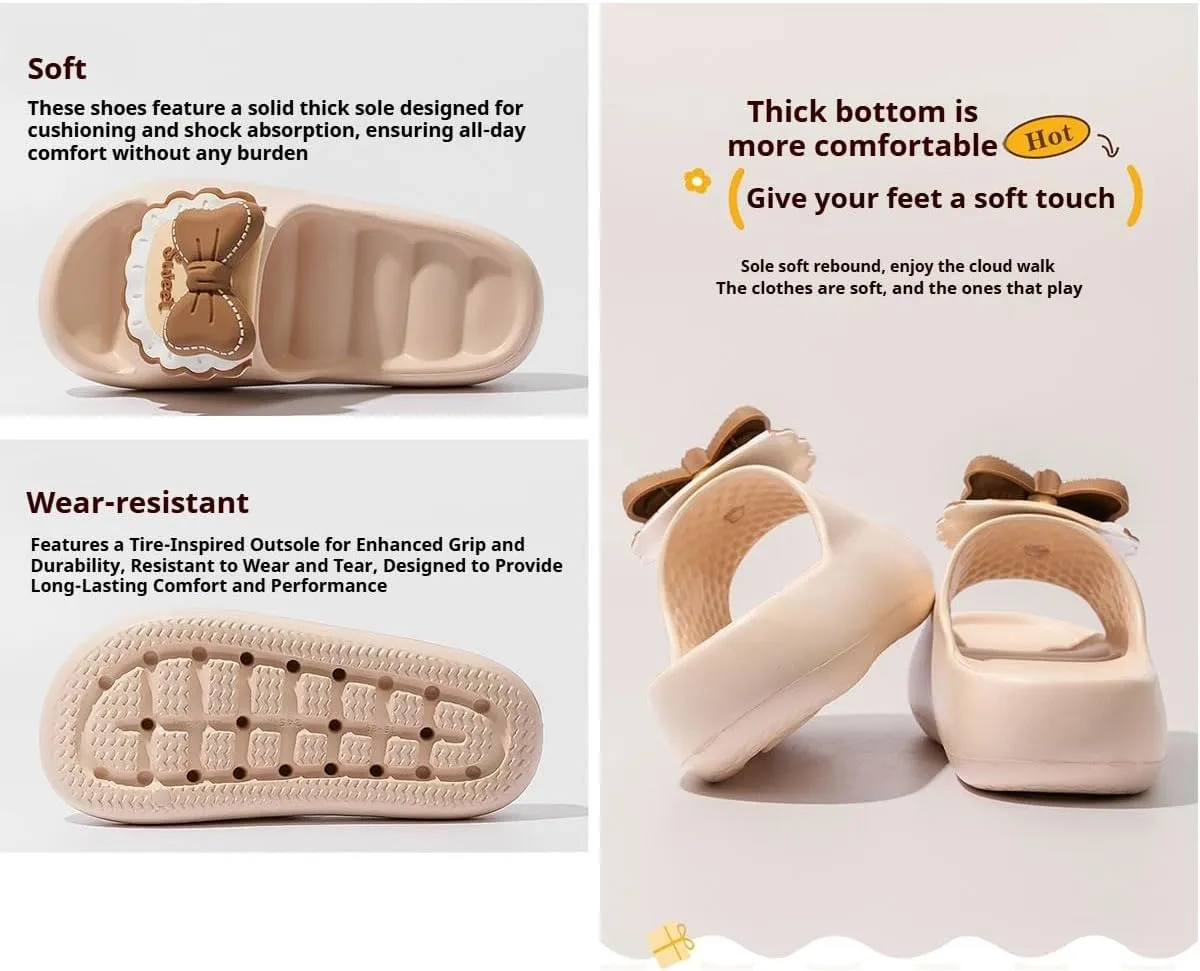 Women's Cute Sandals with Bow Korean Sweet Chunky Sole Non-Slip Soft Slides for Indoor Bathroom House Slippers Summer