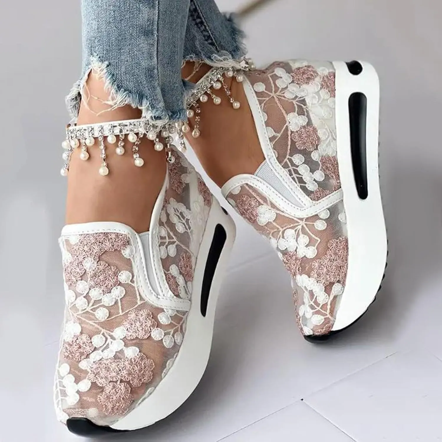 Women's Fashion Sneakers Dressy Floral Embroidery Sheer Mesh Lace Sneakers Platform Wedge Sneakers for Women Slip on Walking Shoes Lace up Sneakers Casual Shoes