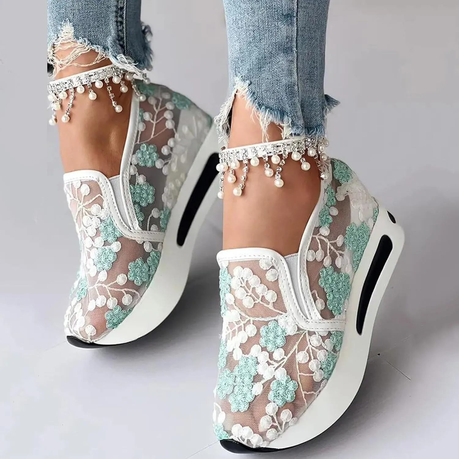 Women's Fashion Sneakers Dressy Floral Embroidery Sheer Mesh Lace Sneakers Platform Wedge Sneakers for Women Slip on Walking Shoes Lace up Sneakers Casual Shoes