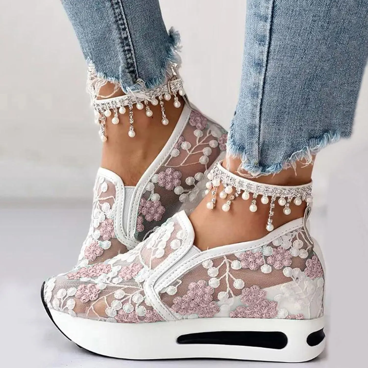 Women's Fashion Sneakers Dressy Floral Embroidery Sheer Mesh Lace Sneakers Platform Wedge Sneakers for Women Slip on Walking Shoes Lace up Sneakers Casual Shoes