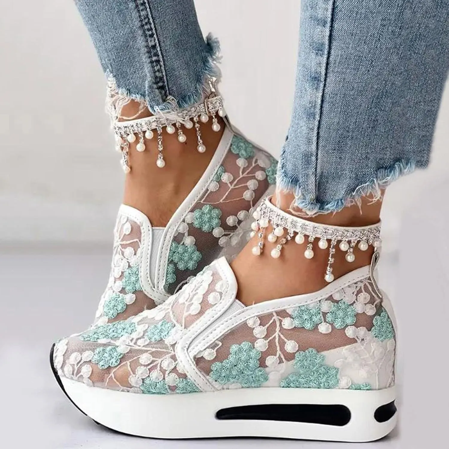 Women's Fashion Sneakers Dressy Floral Embroidery Sheer Mesh Lace Sneakers Platform Wedge Sneakers for Women Slip on Walking Shoes Lace up Sneakers Casual Shoes