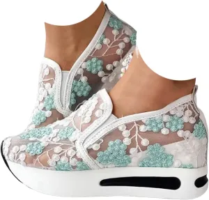 Women's Fashion Sneakers Dressy Floral Embroidery Sheer Mesh Lace Sneakers Platform Wedge Sneakers for Women Slip on Walking Shoes Lace up Sneakers Casual Shoes