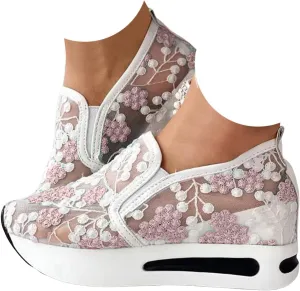Women's Fashion Sneakers Dressy Floral Embroidery Sheer Mesh Lace Sneakers Platform Wedge Sneakers for Women Slip on Walking Shoes Lace up Sneakers Casual Shoes