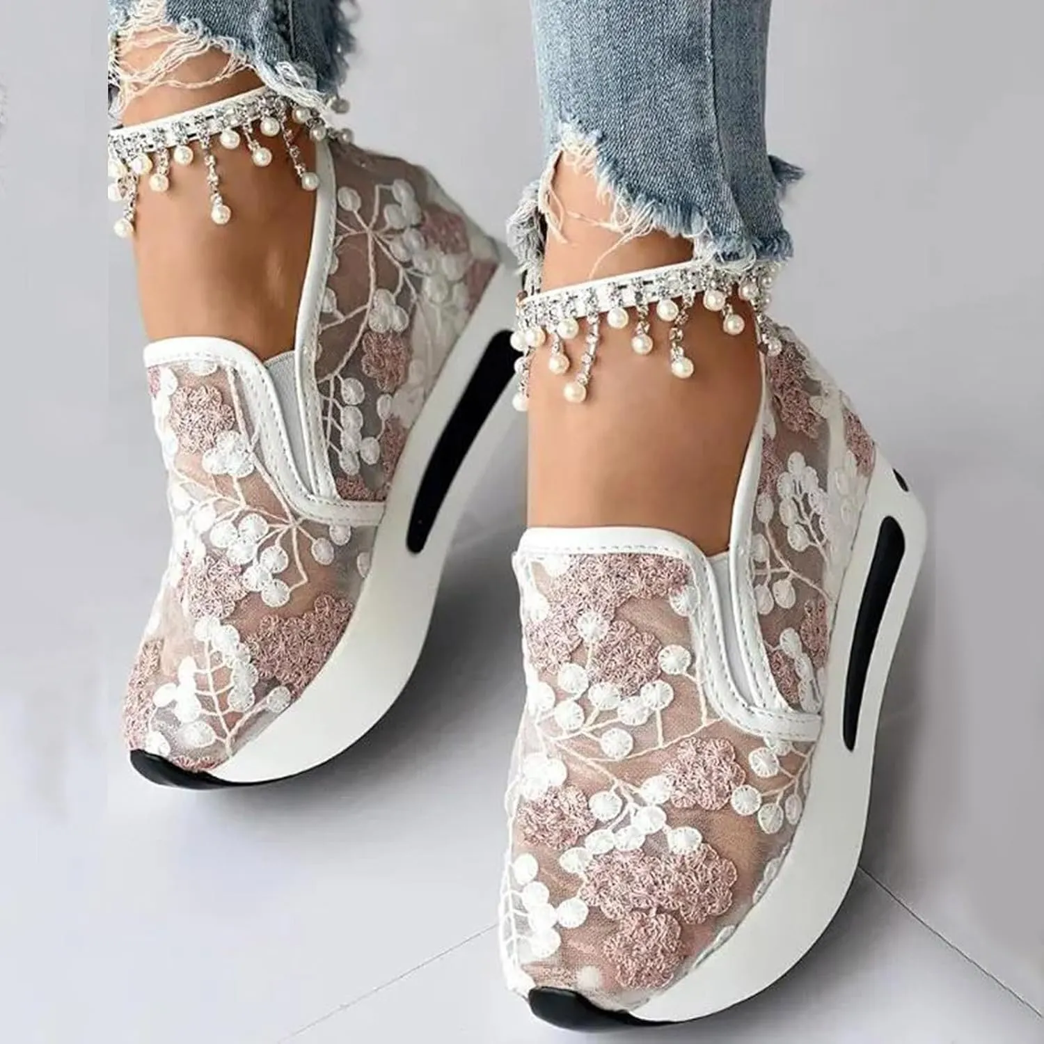 Women's Fashion Sneakers Dressy Floral Embroidery Sheer Mesh Lace Sneakers Platform Wedge Sneakers for Women Slip on Walking Shoes Lace up Sneakers Casual Shoes