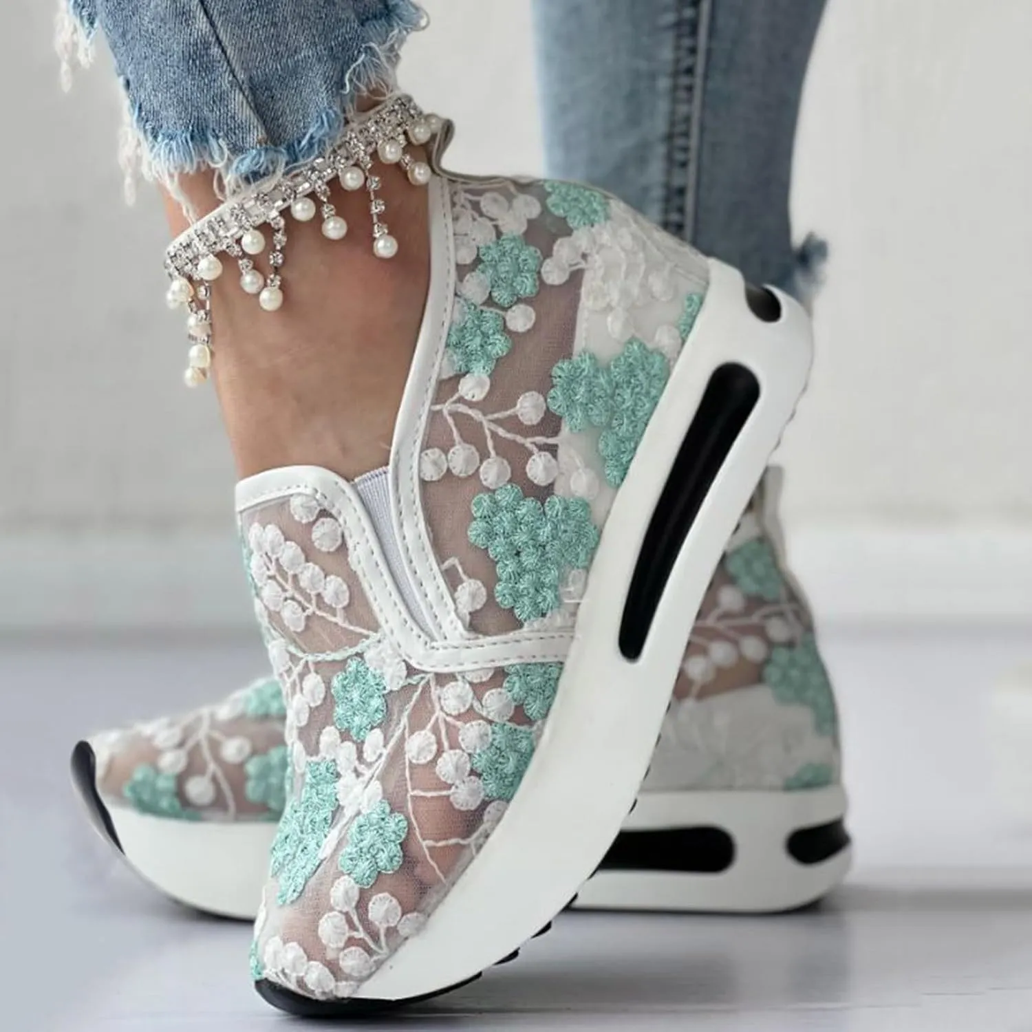 Women's Fashion Sneakers Dressy Floral Embroidery Sheer Mesh Lace Sneakers Platform Wedge Sneakers for Women Slip on Walking Shoes Lace up Sneakers Casual Shoes