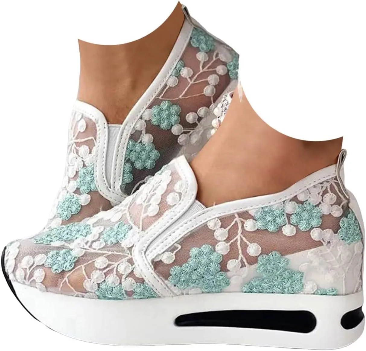Women's Fashion Sneakers Dressy Floral Embroidery Sheer Mesh Lace Sneakers Platform Wedge Sneakers for Women Slip on Walking Shoes Lace up Sneakers Casual Shoes