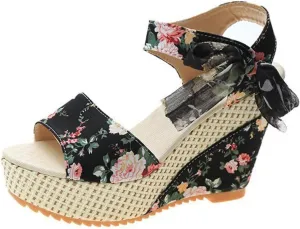 Women's Floral Fish Toe Boho Wedge Sandals,Lace-up Espadrille Open-Toe Slip-On Elasticated Ankle Strap Wedge Sandals.