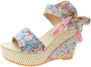 Women's Floral Fish Toe Boho Wedge Sandals,Lace-up Espadrille Open-Toe Slip-On Elasticated Ankle Strap Wedge Sandals.