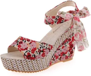 Women's Floral Fish Toe Boho Wedge Sandals,Lace-up Espadrille Open-Toe Slip-On Elasticated Ankle Strap Wedge Sandals.