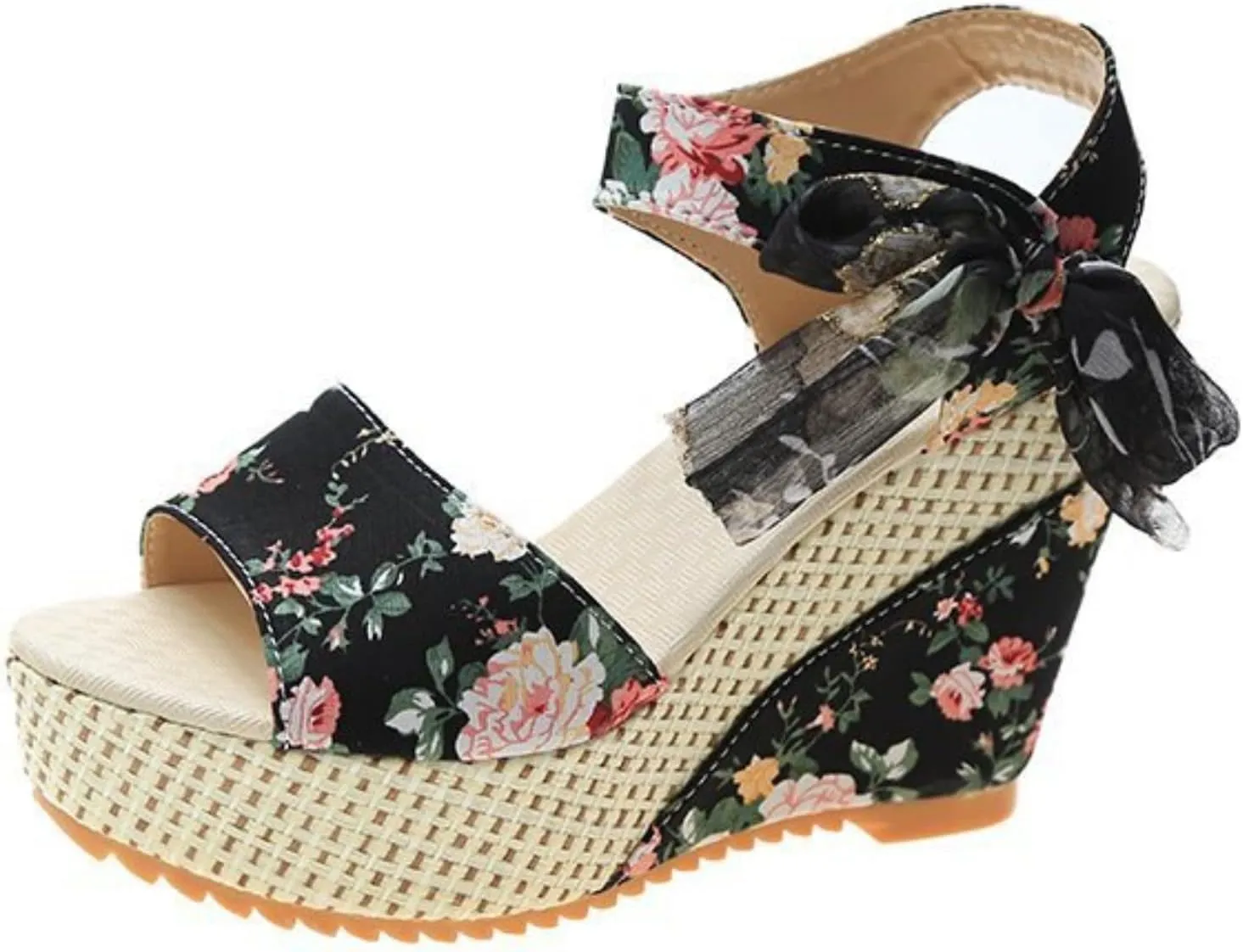 Women's Floral Fish Toe Boho Wedge Sandals,Lace-up Espadrille Open-Toe Slip-On Elasticated Ankle Strap Wedge Sandals.