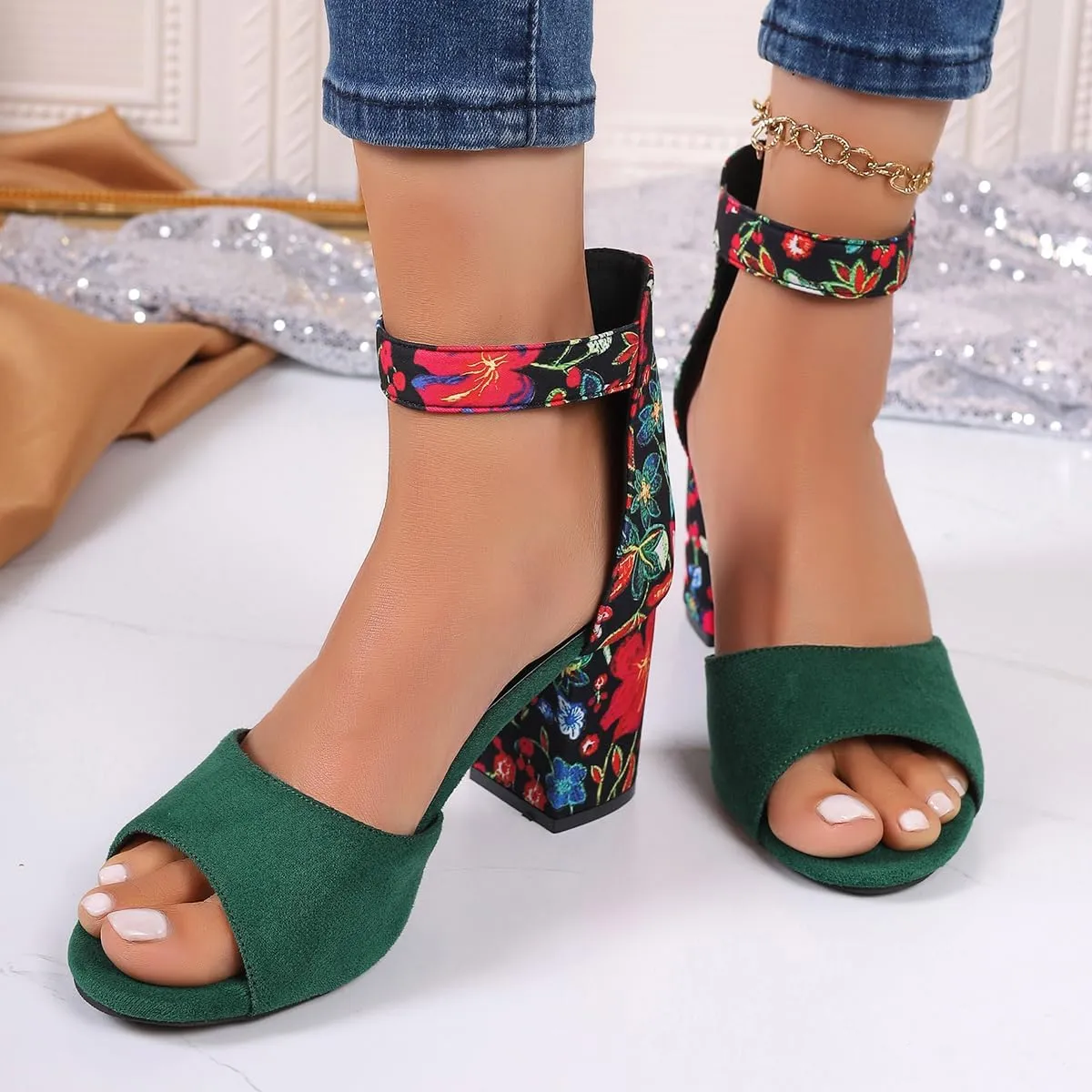 Women's Floral Print Open Toe Block High Heels Summer Party Weddings Womens Sandals