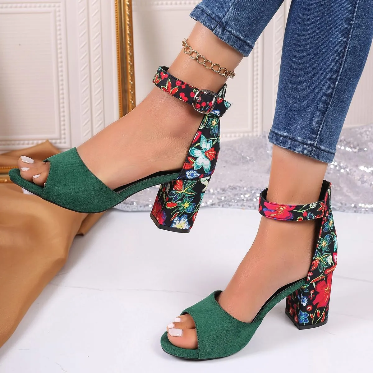 Women's Floral Print Open Toe Block High Heels Summer Party Weddings Womens Sandals