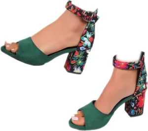Women's Floral Print Open Toe Block High Heels Summer Party Weddings Womens Sandals