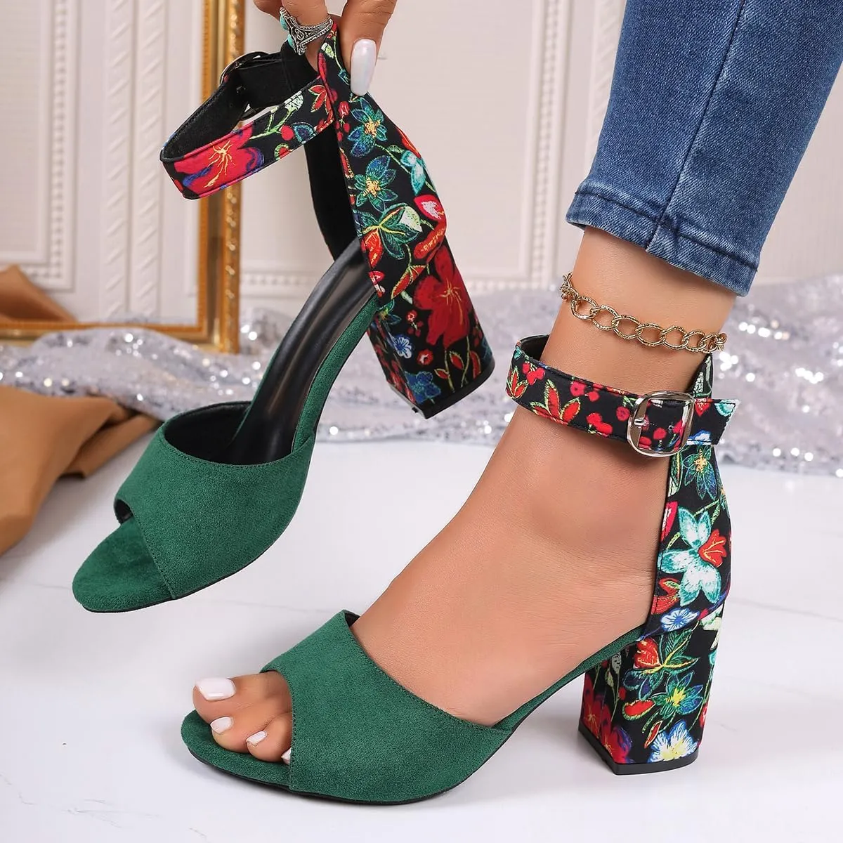 Women's Floral Print Open Toe Block High Heels Summer Party Weddings Womens Sandals