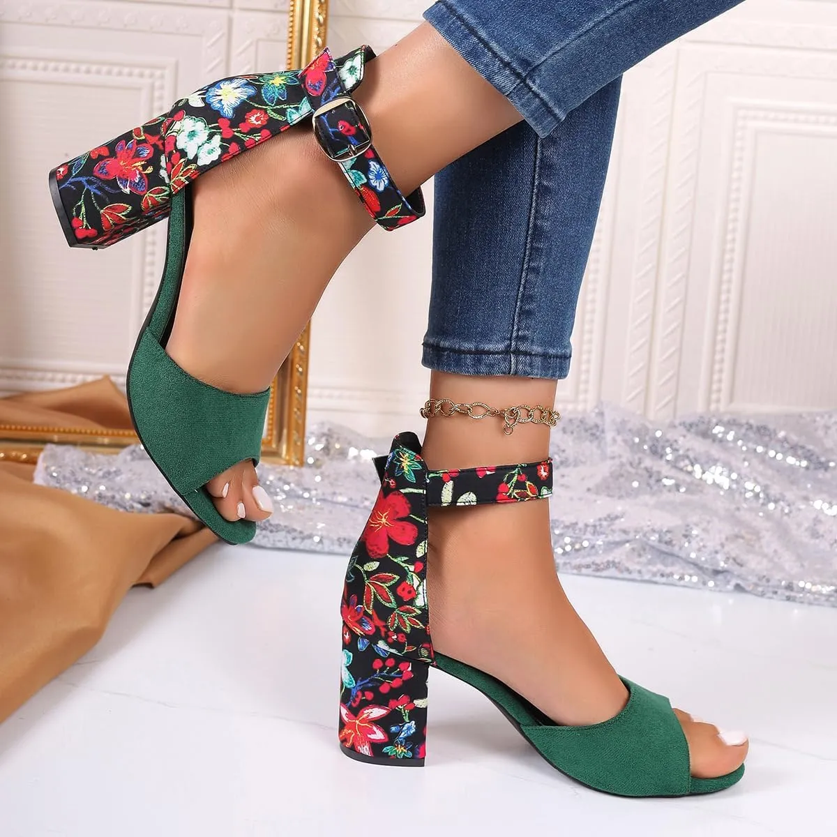 Women's Floral Print Open Toe Block High Heels Summer Party Weddings Womens Sandals