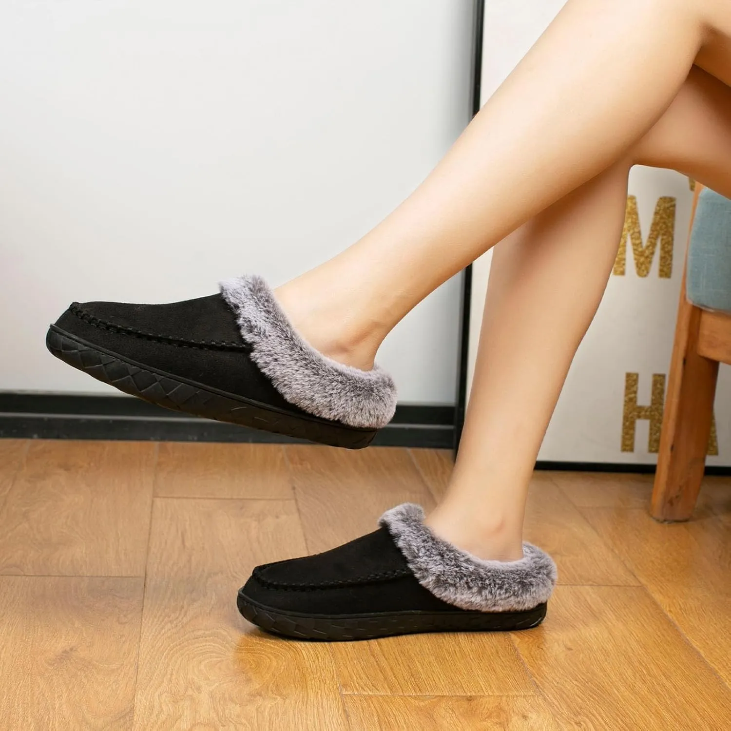 Women's Fuzzy Memory Foam Slippers Winter House Fluffy Slip-on Shoes Indoor and Outdoor