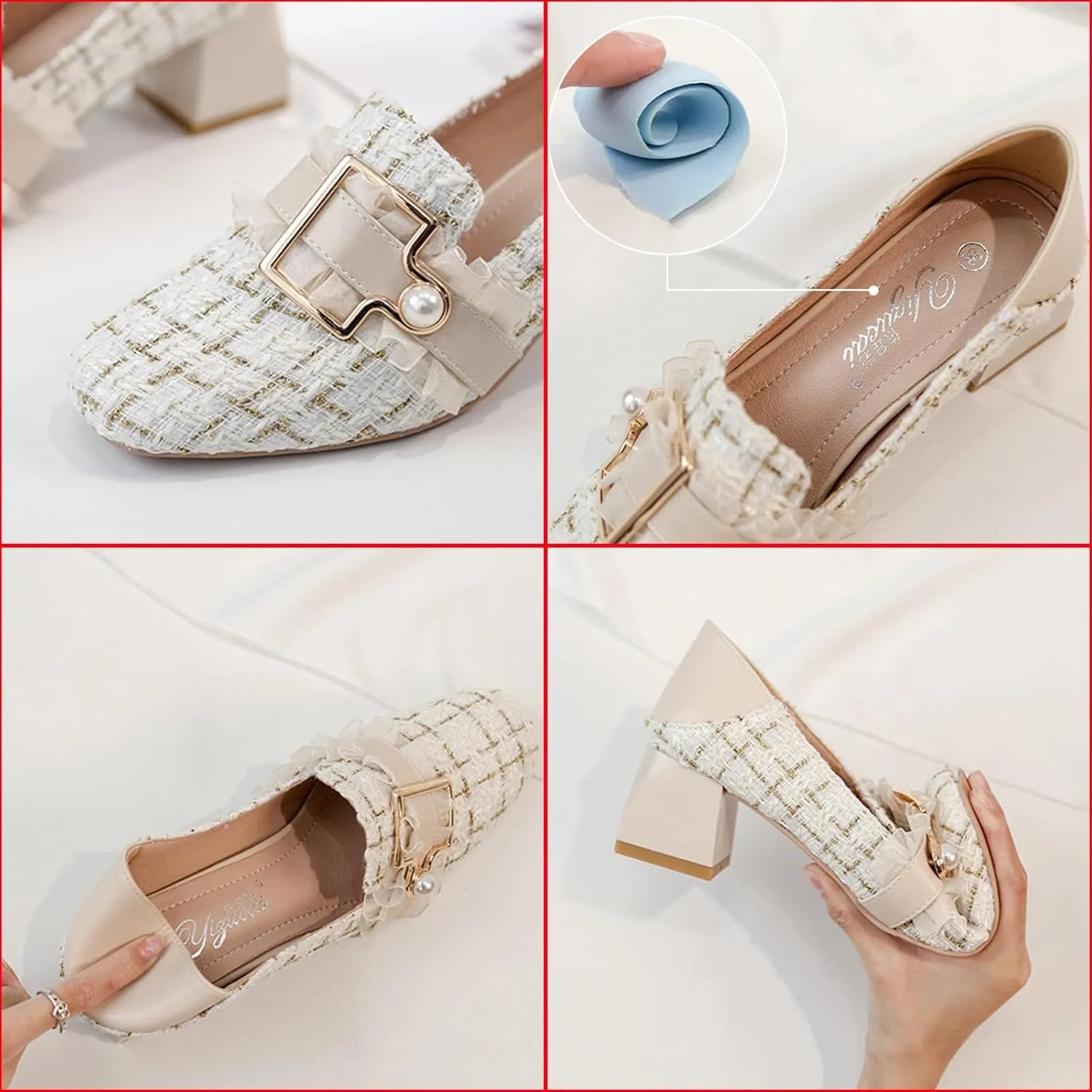 Women's Knitted Fabric Chunky Mid Heel Pumps with Pearl Buckle Fashion Classic Closed Round Toe Slip On Wedding Party Business Dress Pump Loafers Comfortable Casual Convertible Sandals