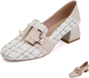 Women's Knitted Fabric Chunky Mid Heel Pumps with Pearl Buckle Fashion Classic Closed Round Toe Slip On Wedding Party Business Dress Pump Loafers Comfortable Casual Convertible Sandals