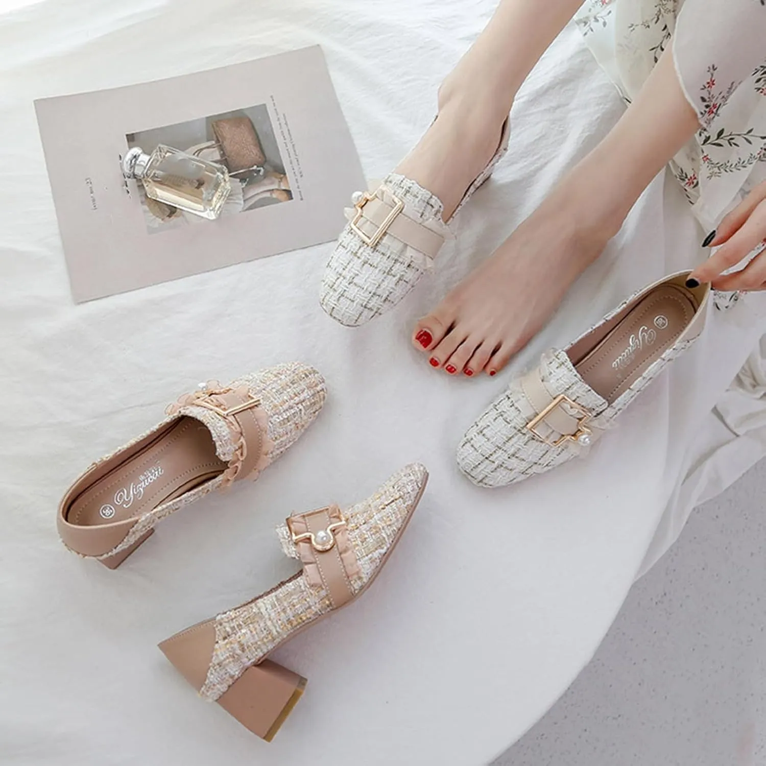 Women's Knitted Fabric Chunky Mid Heel Pumps with Pearl Buckle Fashion Classic Closed Round Toe Slip On Wedding Party Business Dress Pump Loafers Comfortable Casual Convertible Sandals