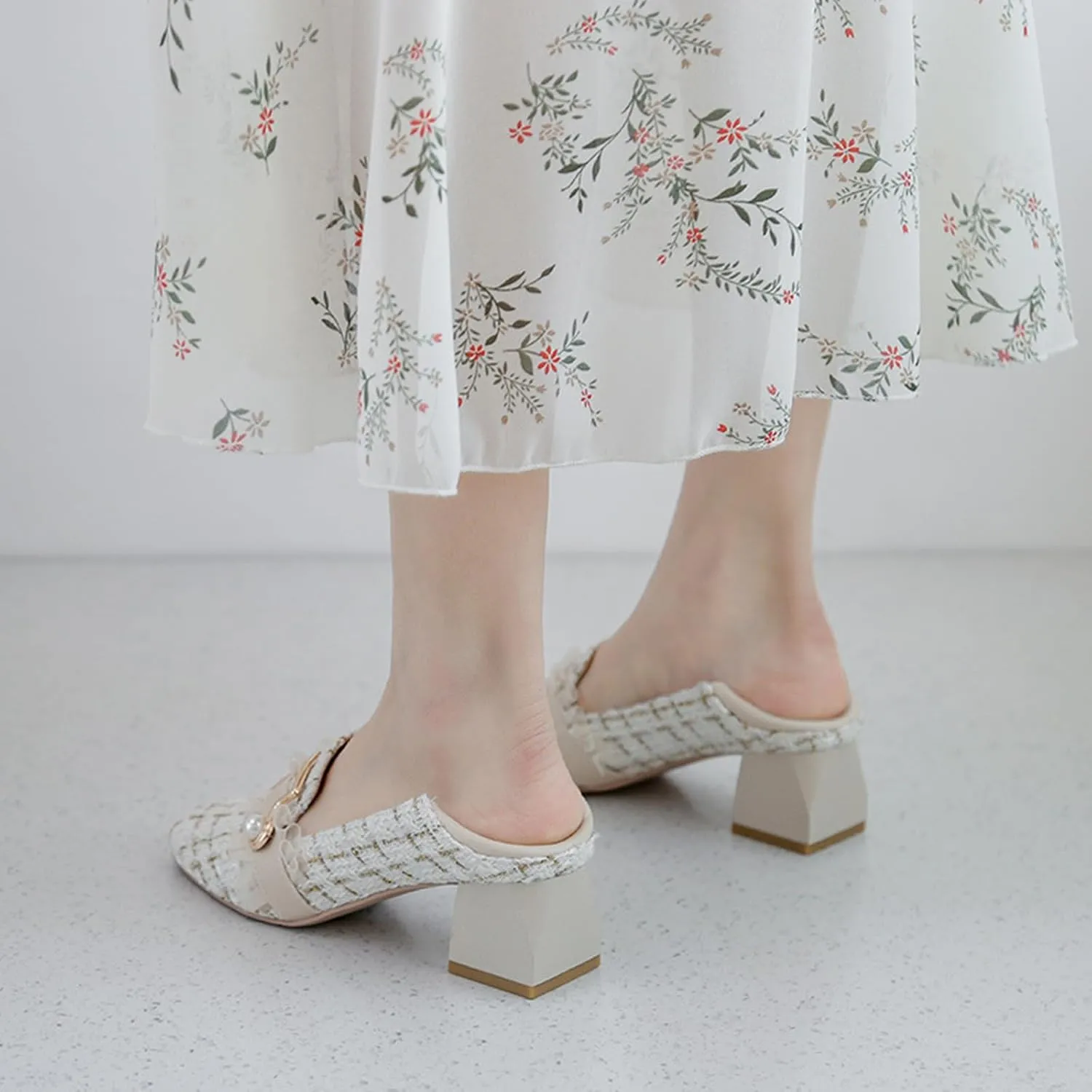 Women's Knitted Fabric Chunky Mid Heel Pumps with Pearl Buckle Fashion Classic Closed Round Toe Slip On Wedding Party Business Dress Pump Loafers Comfortable Casual Convertible Sandals