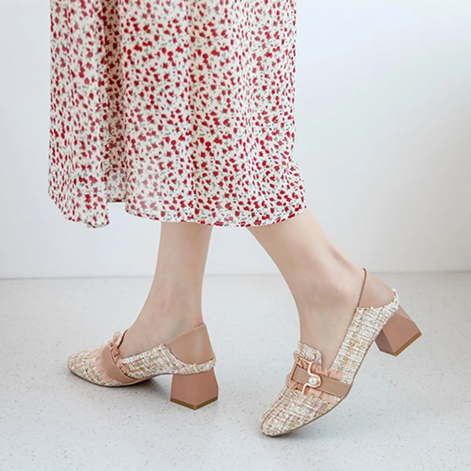 Women's Knitted Fabric Chunky Mid Heel Pumps with Pearl Buckle Fashion Classic Closed Round Toe Slip On Wedding Party Business Dress Pump Loafers Comfortable Casual Convertible Sandals