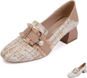Women's Knitted Fabric Chunky Mid Heel Pumps with Pearl Buckle Fashion Classic Closed Round Toe Slip On Wedding Party Business Dress Pump Loafers Comfortable Casual Convertible Sandals