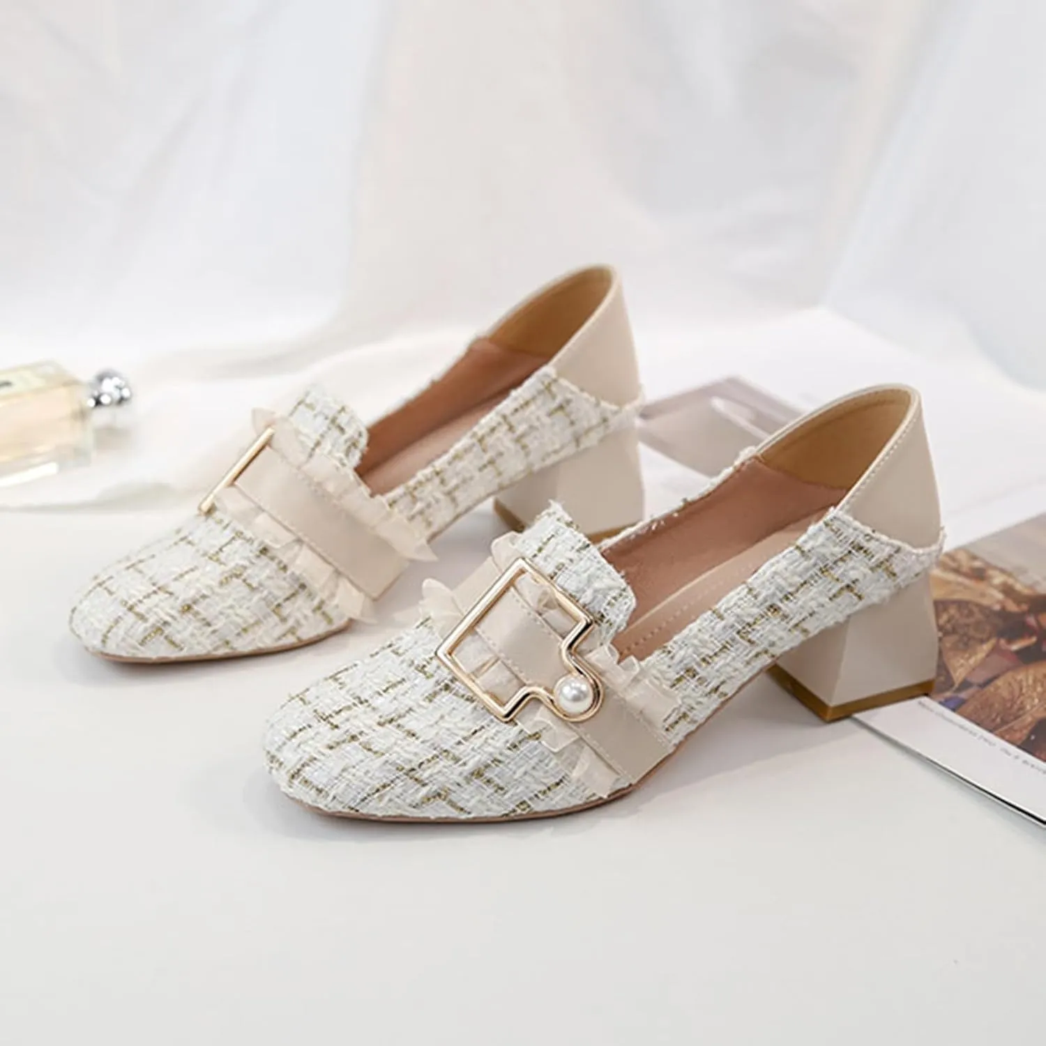 Women's Knitted Fabric Chunky Mid Heel Pumps with Pearl Buckle Fashion Classic Closed Round Toe Slip On Wedding Party Business Dress Pump Loafers Comfortable Casual Convertible Sandals