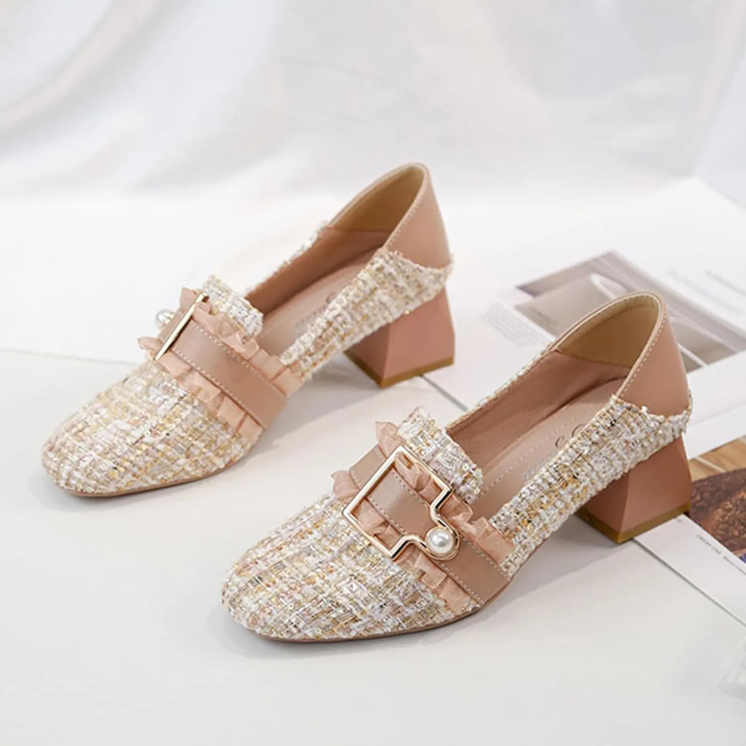 Women's Knitted Fabric Chunky Mid Heel Pumps with Pearl Buckle Fashion Classic Closed Round Toe Slip On Wedding Party Business Dress Pump Loafers Comfortable Casual Convertible Sandals