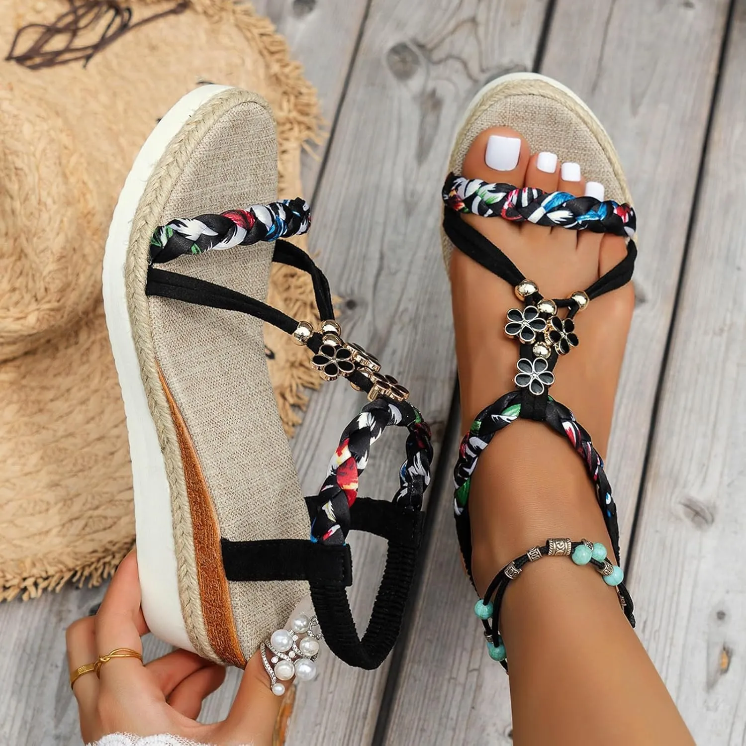 Womens Low Wedge Heels Sandals Wide Width Platform Wedge Sandals Summer Beach Shoe Ankle Elastic Shoes Comfort Elegant Slip On Dressy Shoes Arch Support Walking Sandal