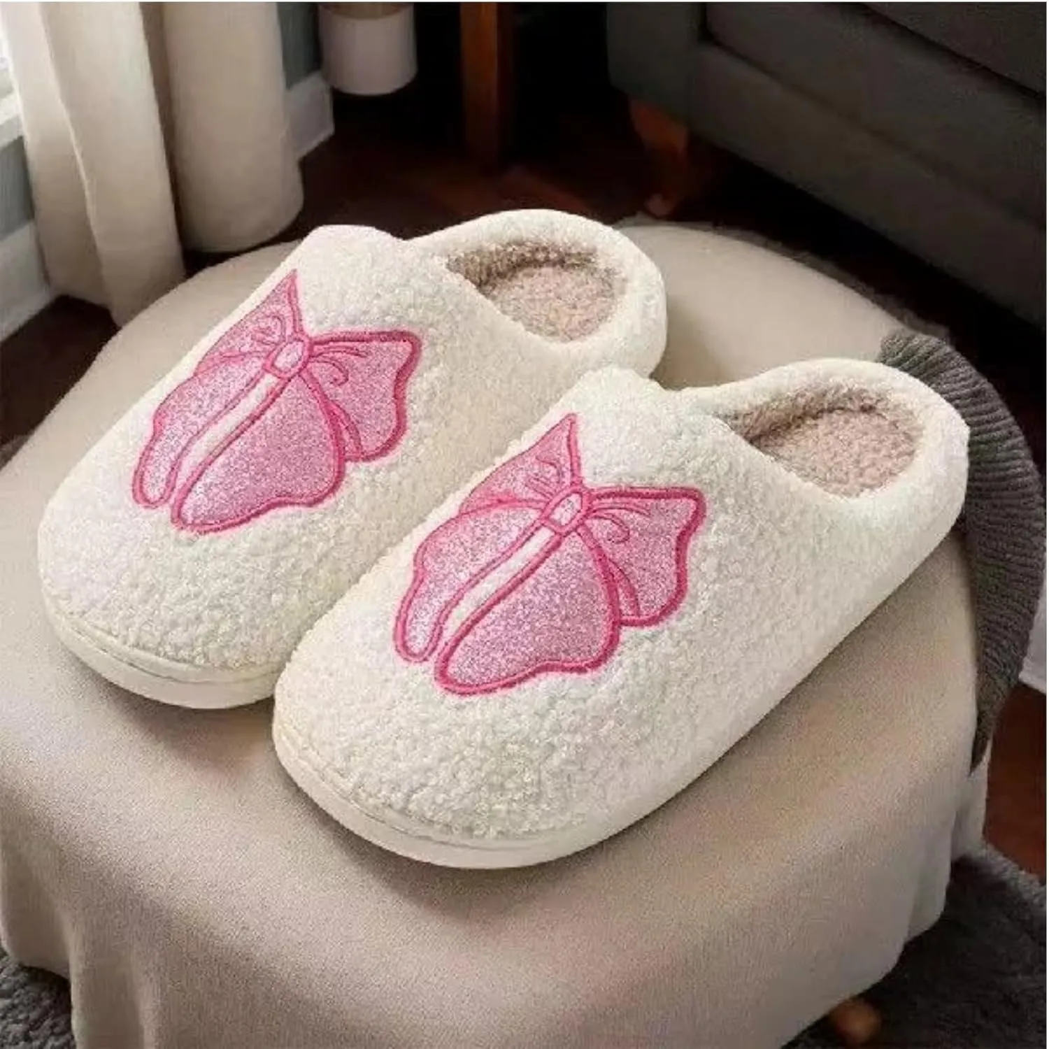 Women's Memory Foam Slippers with Elegant Sparkling Bow, Cute and Fashionable House Shoes