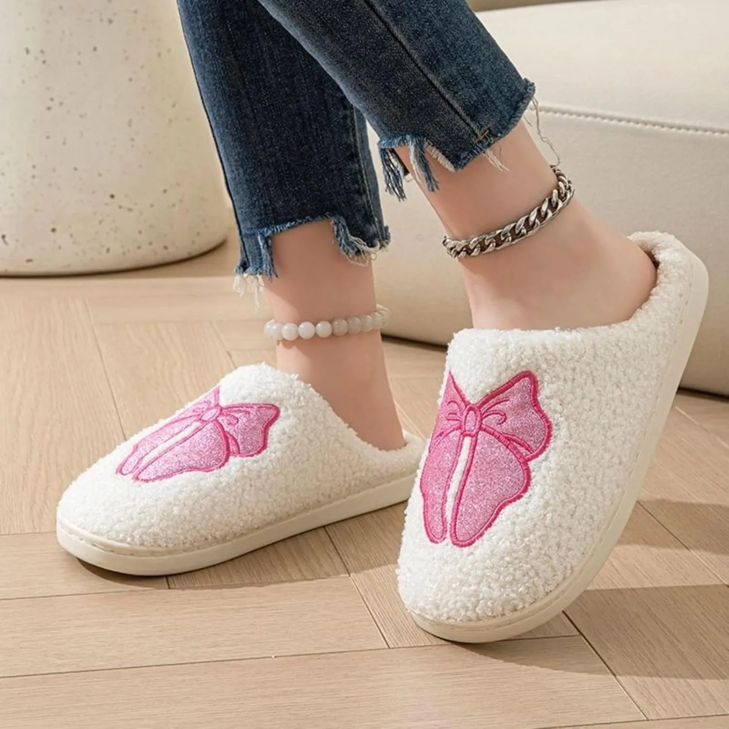Women's Memory Foam Slippers with Elegant Sparkling Bow, Cute and Fashionable House Shoes