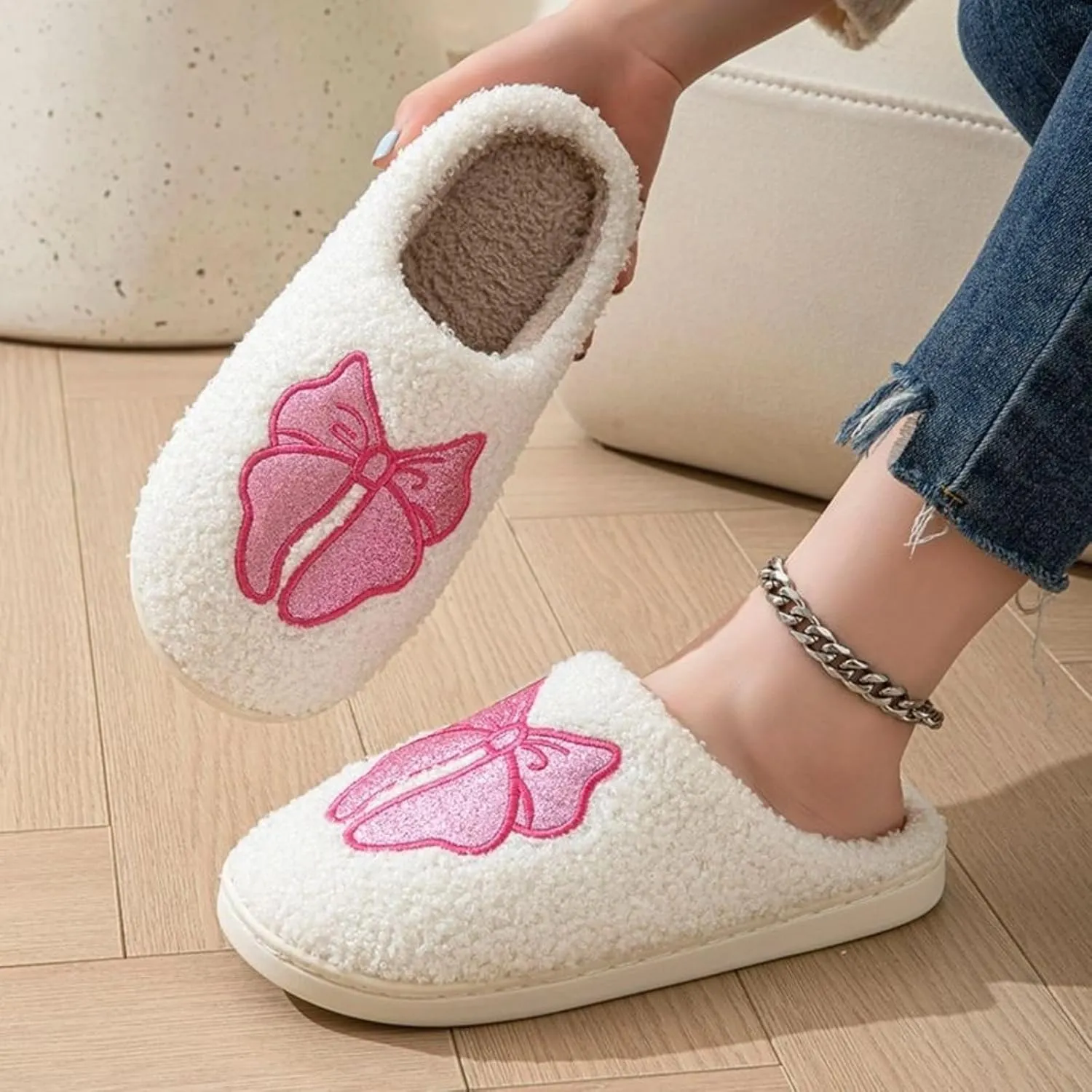 Women's Memory Foam Slippers with Elegant Sparkling Bow, Cute and Fashionable House Shoes