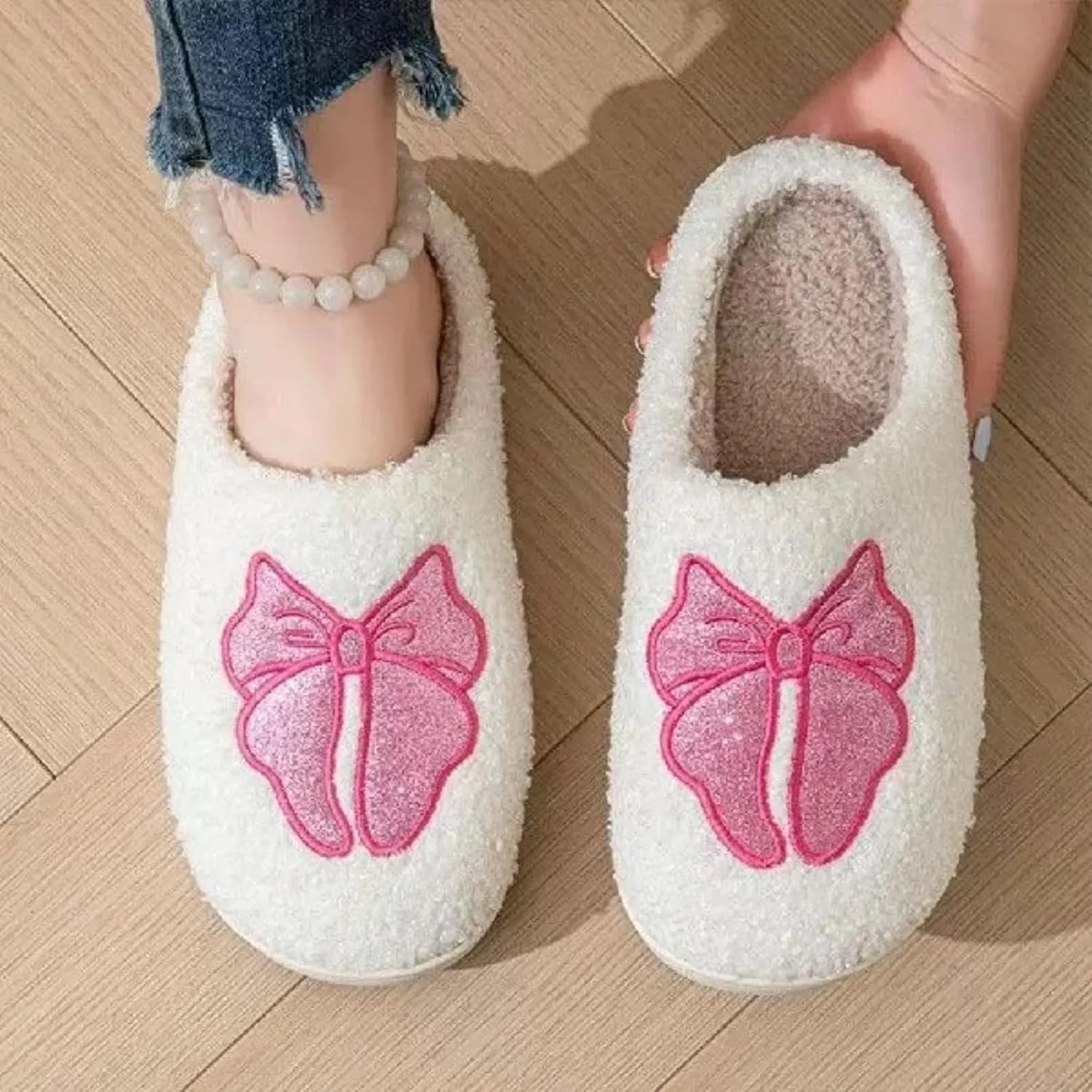 Women's Memory Foam Slippers with Elegant Sparkling Bow, Cute and Fashionable House Shoes