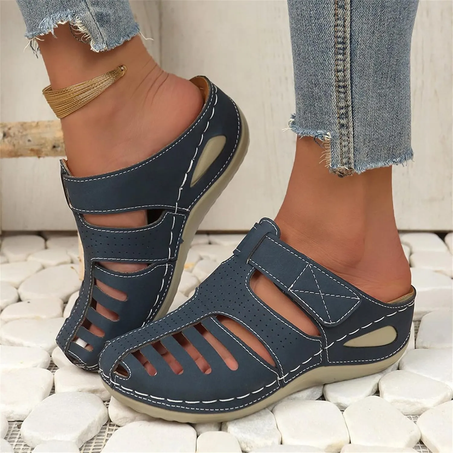 Womens Mules Shoes Dressy Summer Closed Toe Orthopedic Sandals Casual Wedge Slip On Arch Support Sandals