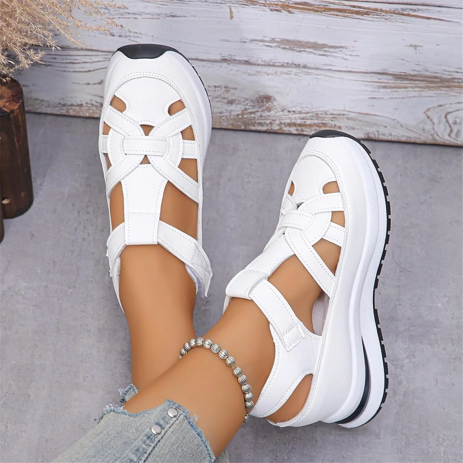 Women's Platform Sandals Hollow Ankle Strap Closed Toe Sandal Summer Dressy Anti Slip Beach Shoes Casual Slip On Walking Sandals Comfortable Travel Outdoor Shoes