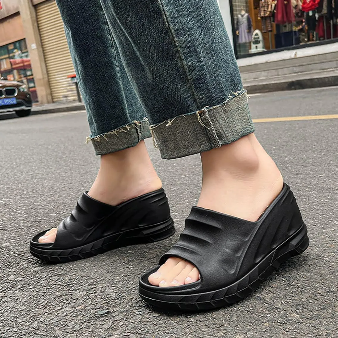 Women's Platform Wedge Slip On Sandals Comfortable Memory Foam Slippers Flat Slope Heel Sandals