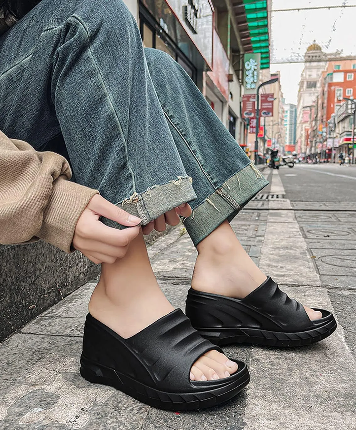Women's Platform Wedge Slip On Sandals Comfortable Memory Foam Slippers Flat Slope Heel Sandals