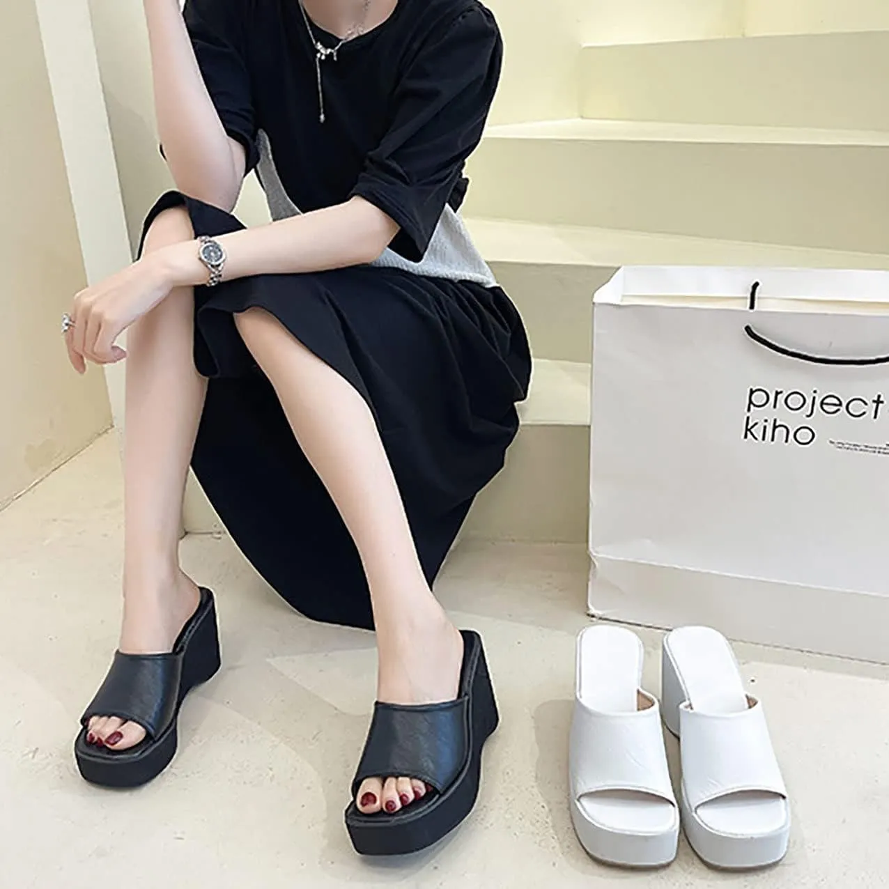 Women's Platform Wedge Slip On Sandals Comfortable Memory Foam Slippers Flat Slope Heel Sandals
