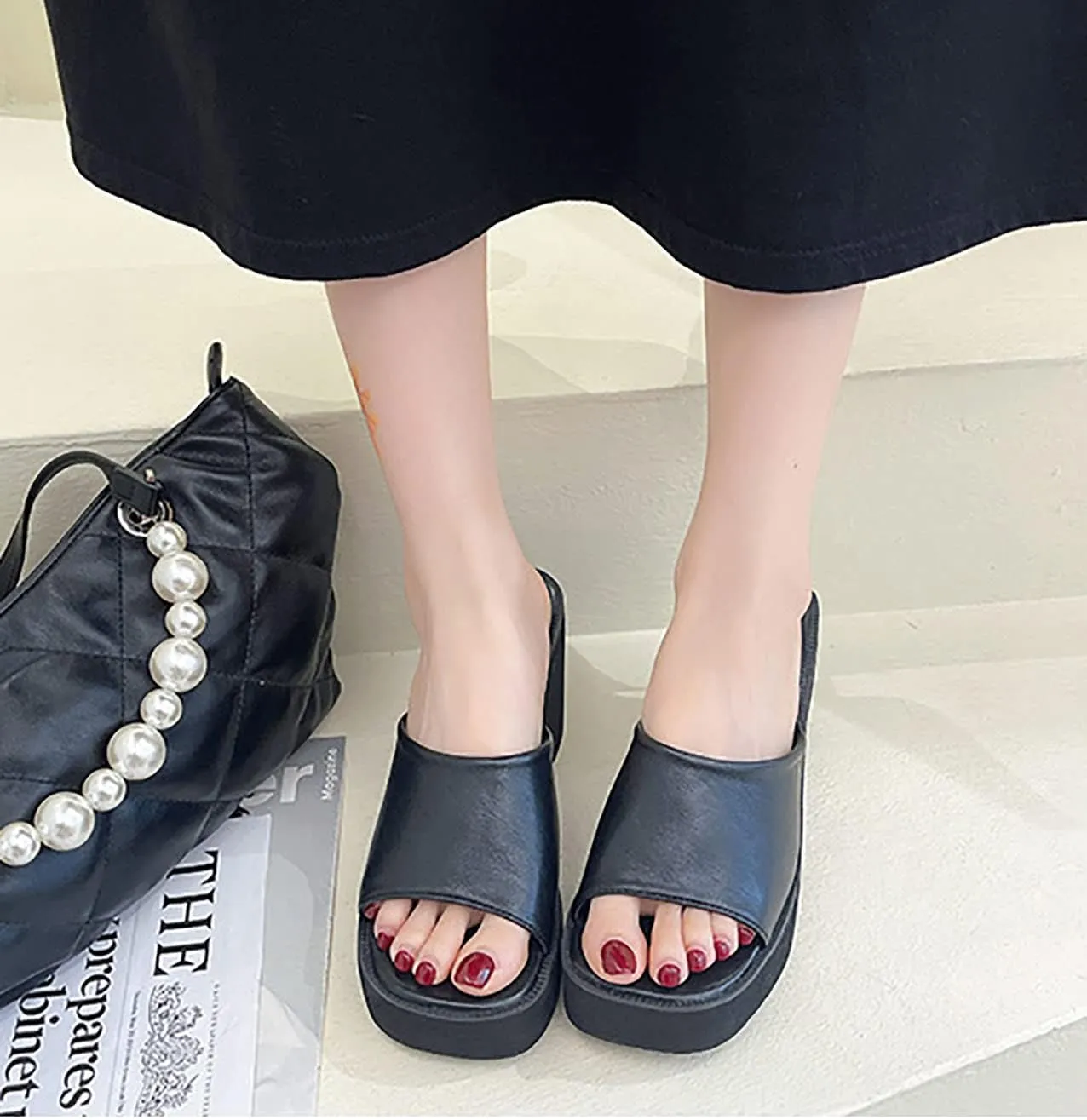 Women's Platform Wedge Slip On Sandals Comfortable Memory Foam Slippers Flat Slope Heel Sandals