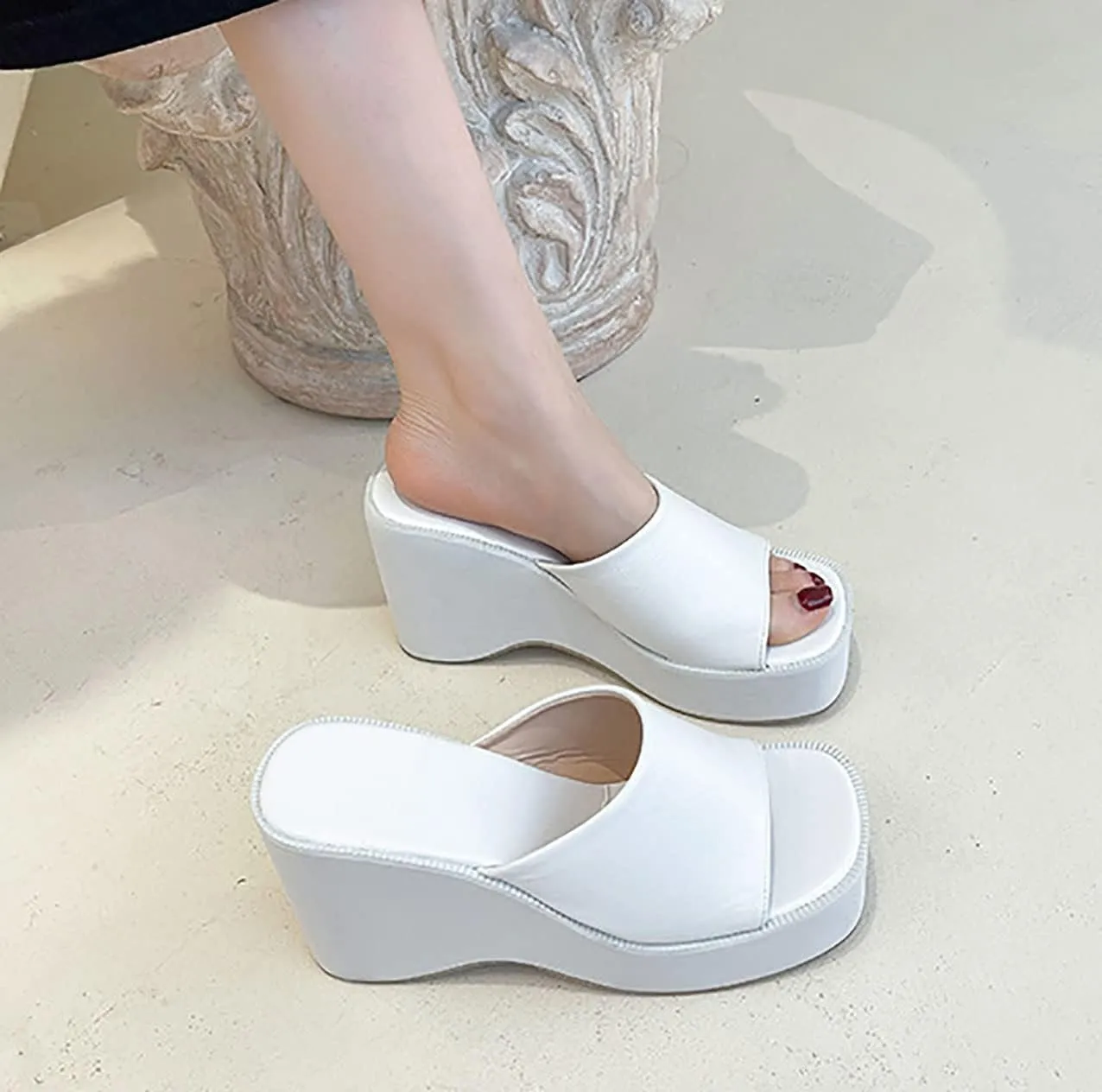 Women's Platform Wedge Slip On Sandals Comfortable Memory Foam Slippers Flat Slope Heel Sandals