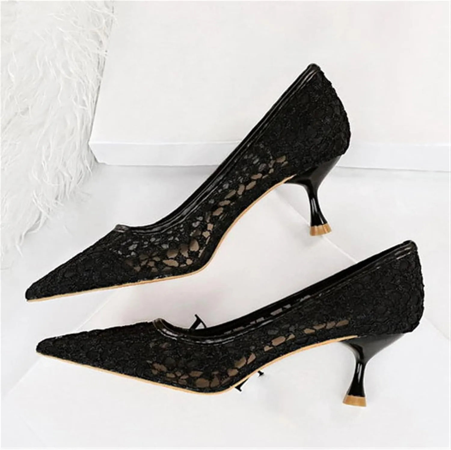 Womens Pointed Toe Lace Kitten Heels Closed Toe Ankle Strap Stiletto Pumps Sandals Sexy Party Pumps Shoes