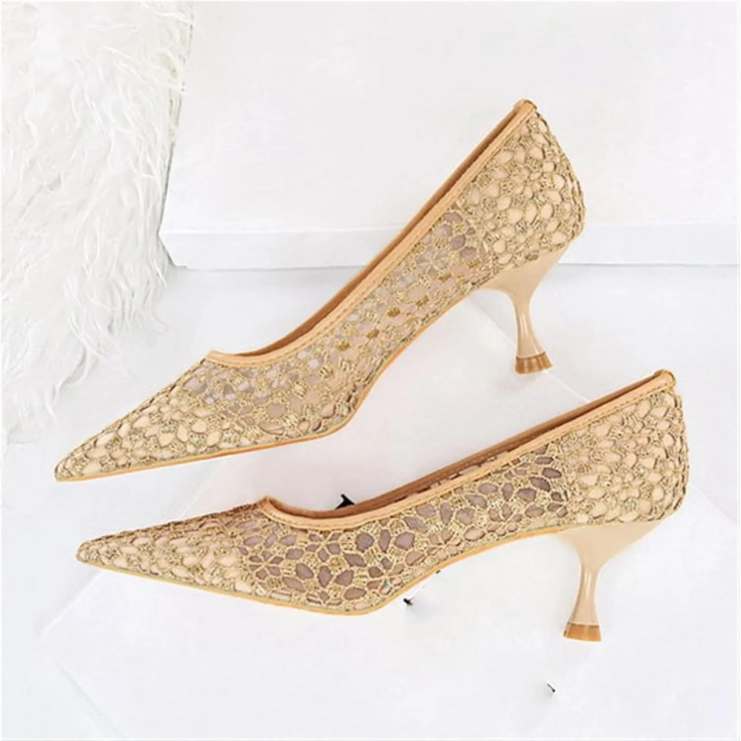 Womens Pointed Toe Lace Kitten Heels Closed Toe Ankle Strap Stiletto Pumps Sandals Sexy Party Pumps Shoes