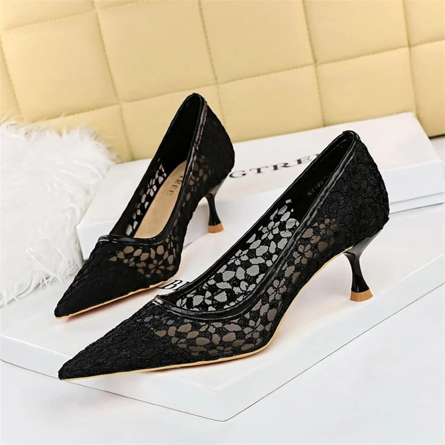 Womens Pointed Toe Lace Kitten Heels Closed Toe Ankle Strap Stiletto Pumps Sandals Sexy Party Pumps Shoes