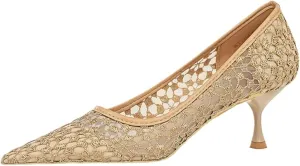 Womens Pointed Toe Lace Kitten Heels Closed Toe Ankle Strap Stiletto Pumps Sandals Sexy Party Pumps Shoes