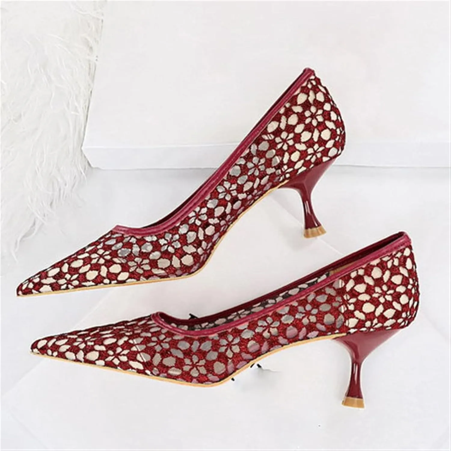 Womens Pointed Toe Lace Kitten Heels Closed Toe Ankle Strap Stiletto Pumps Sandals Sexy Party Pumps Shoes
